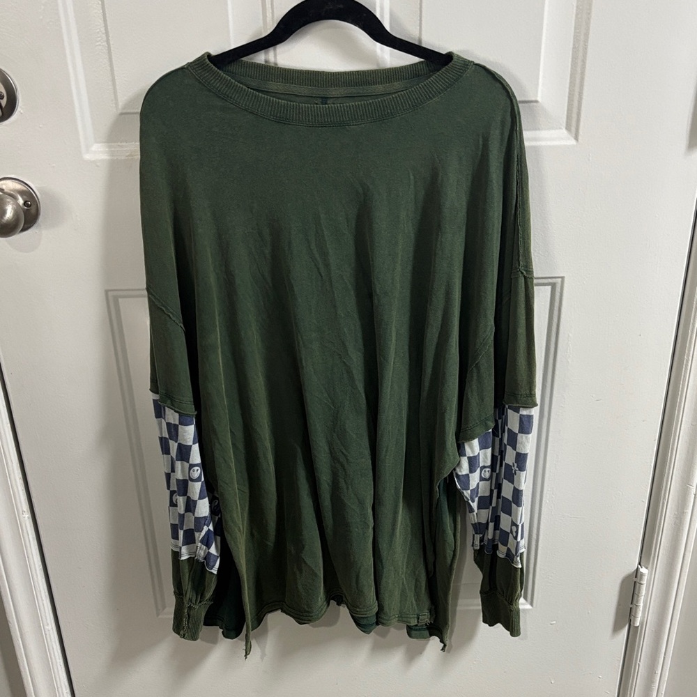 Olive Green Women's Long Sleeve Top with Checkered Sleeves